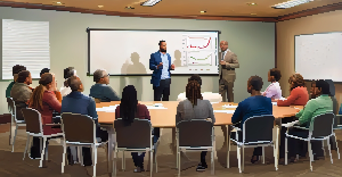 A diverse group of homeowners gathered in a meeting room discussing HOA financial matters with a whiteboard displaying financial charts.