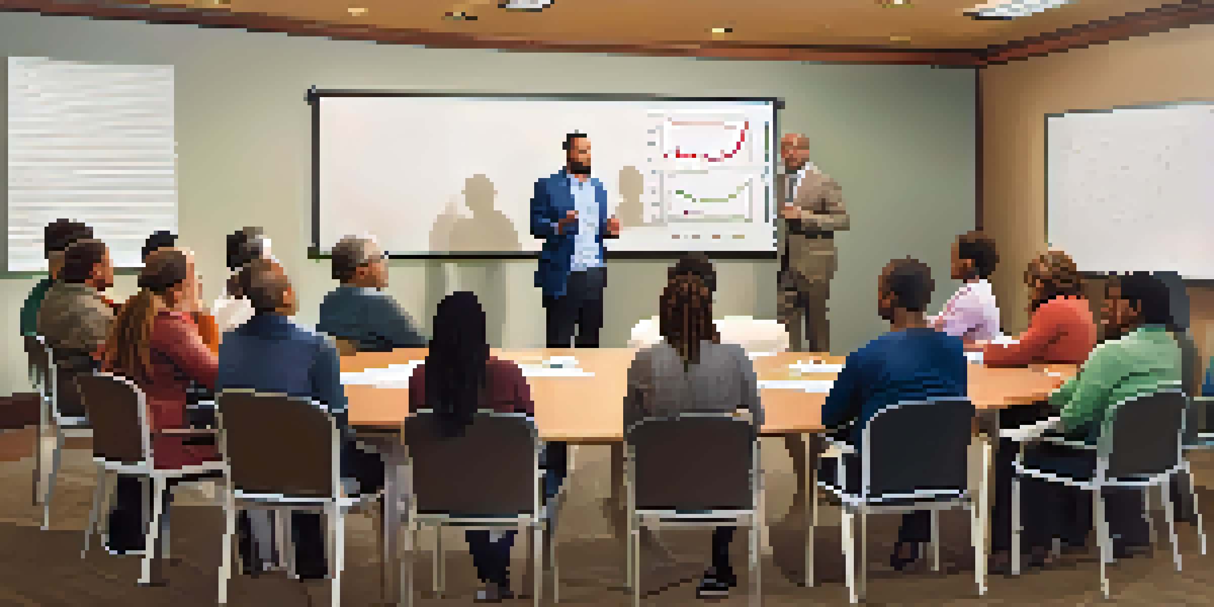A diverse group of homeowners gathered in a meeting room discussing HOA financial matters with a whiteboard displaying financial charts.