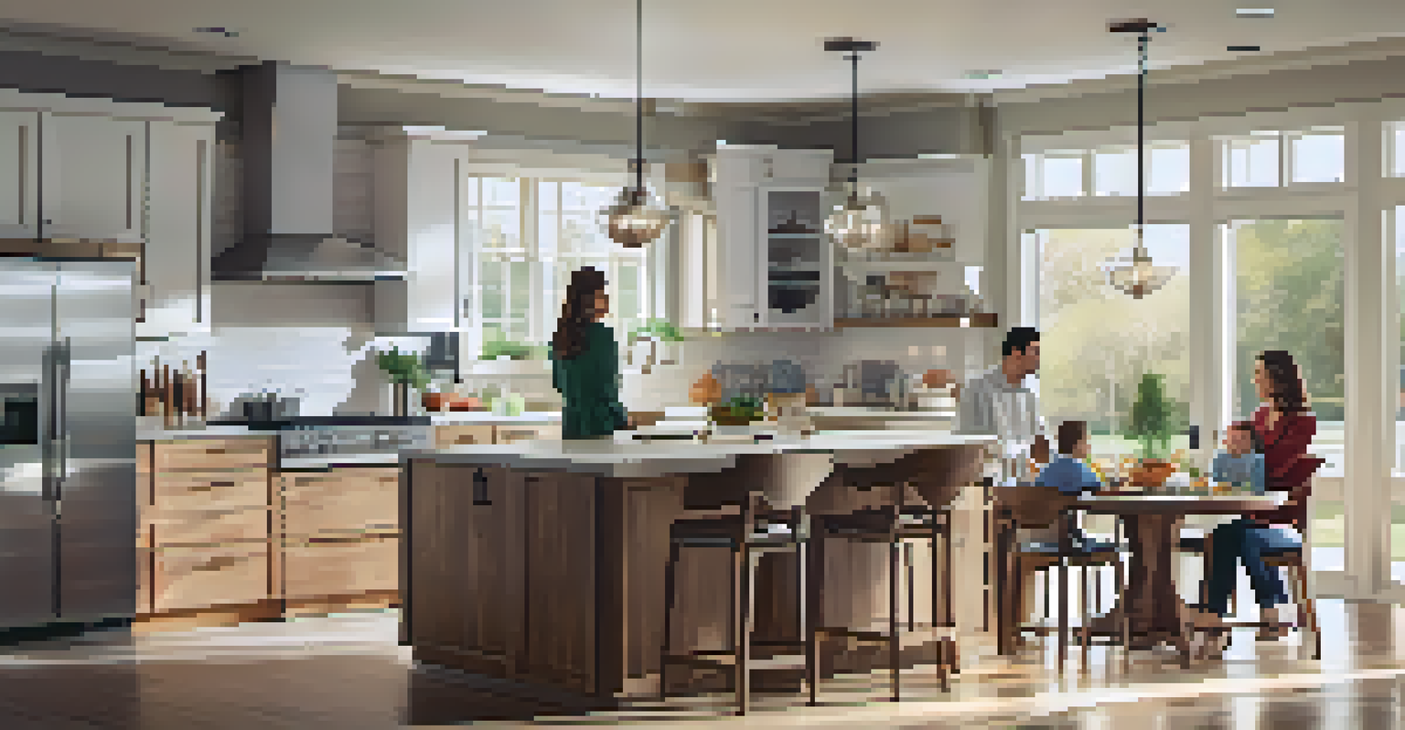 A real estate agent talks with a family in a modern, bright kitchen filled with natural light.