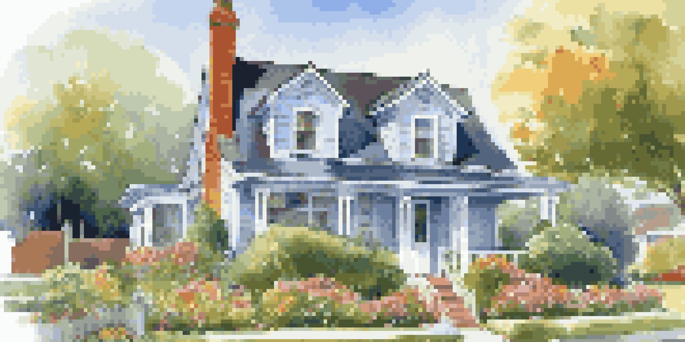 A home inspector checking the roof of a suburban house with a blue sky and a colorful garden.