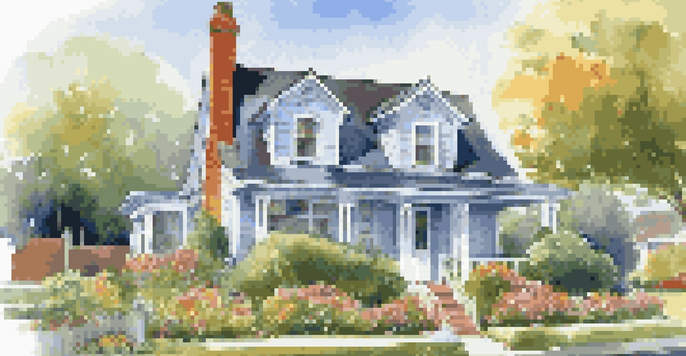 A home inspector checking the roof of a suburban house with a blue sky and a colorful garden.