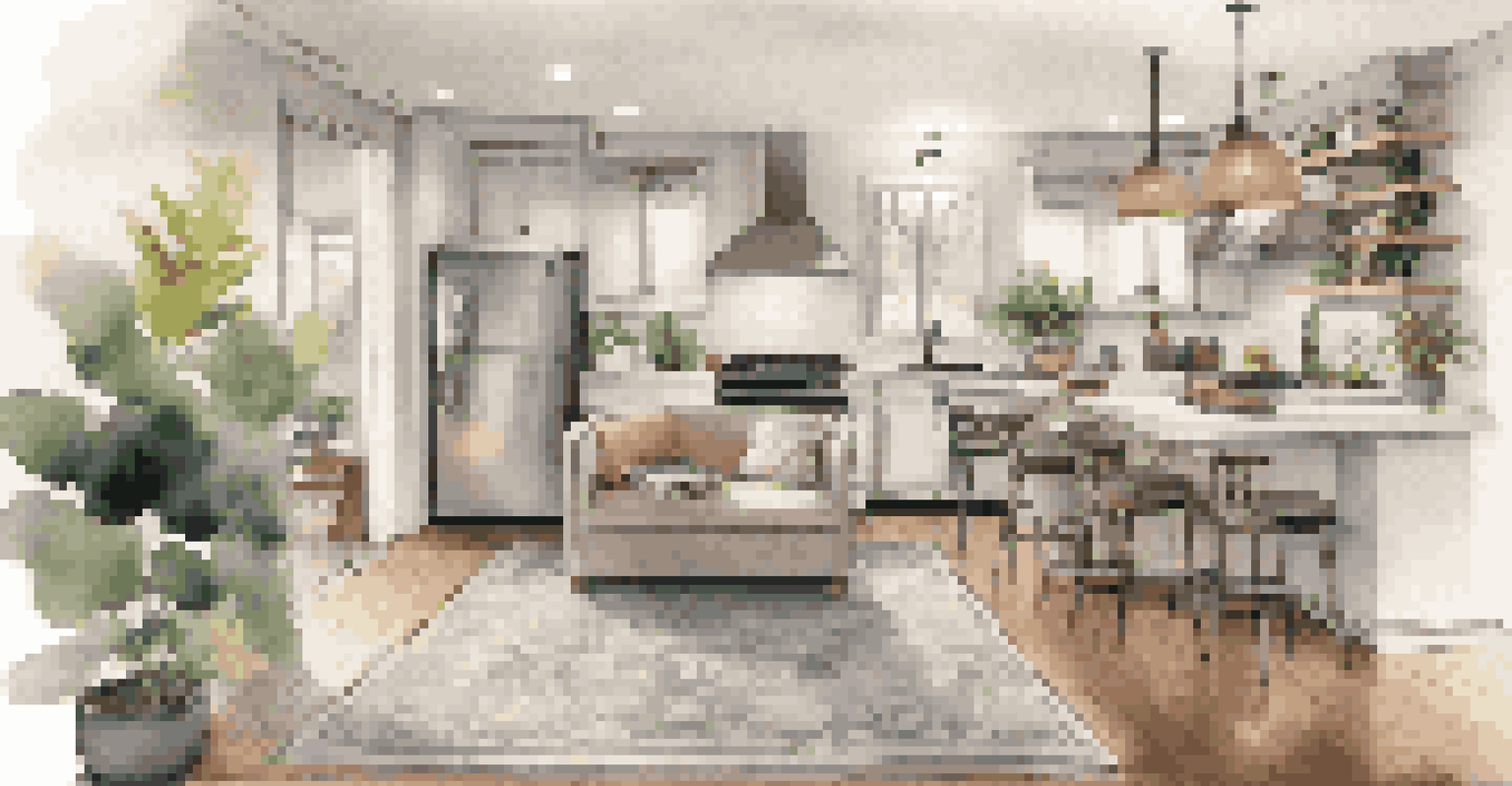 An open concept home displaying defined spaces with a living area, reading nook, and kitchen island, enhanced by plants and soft lighting.