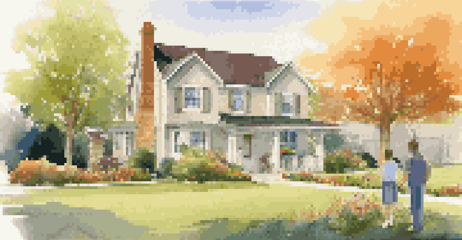 A family consulting with a home inspector in front of their house, with a beautiful garden and a sunset in the background.