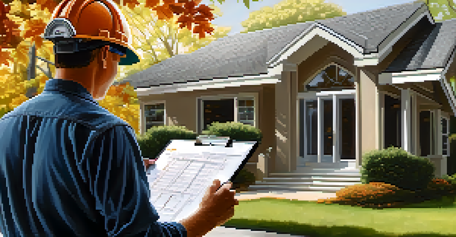 A home inspector examining a roof with a clipboard, wearing a safety helmet and harness.