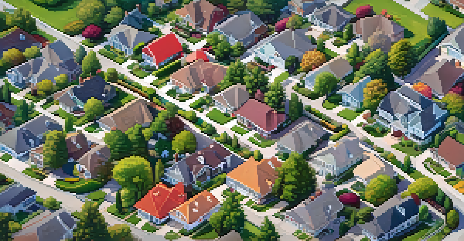 Aerial view of a sunny suburban neighborhood with diverse houses and greenery lining the streets.