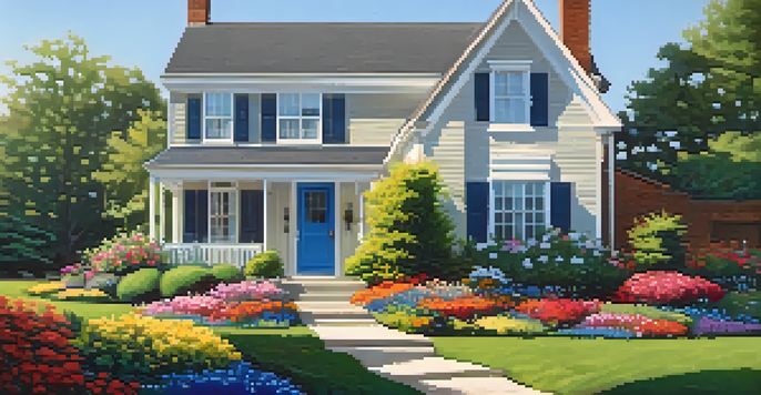 A charming suburban home with a colorful front yard, a blue front door, and bright flowers under soft sunlight.