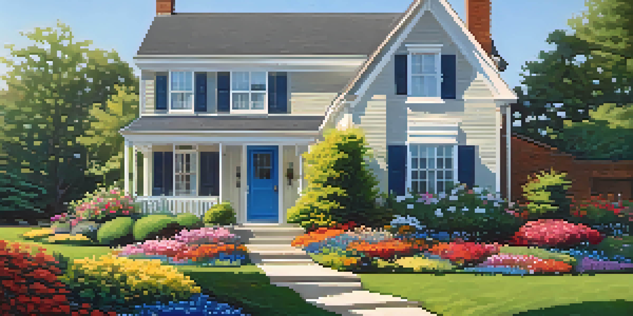 A charming suburban home with a colorful front yard, a blue front door, and bright flowers under soft sunlight.