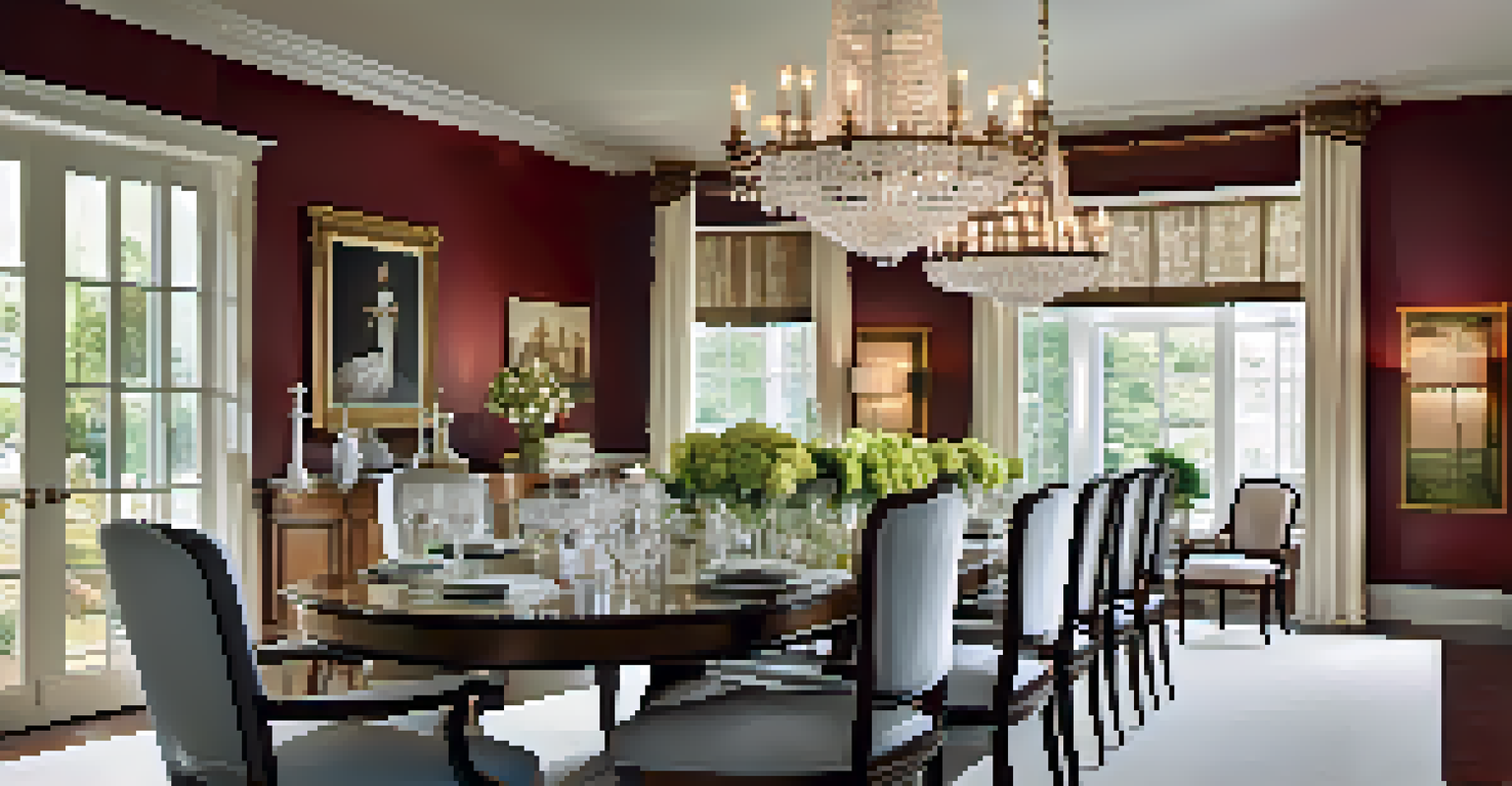 An elegant dining area with a wooden table, upholstered chairs, fine china, and a chandelier overhead.