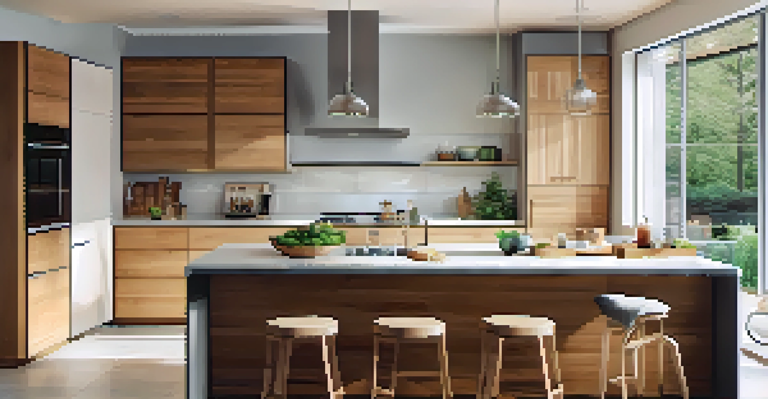 A modern kitchen showcasing energy-efficient appliances, natural light from a skylight, and minimalist design.
