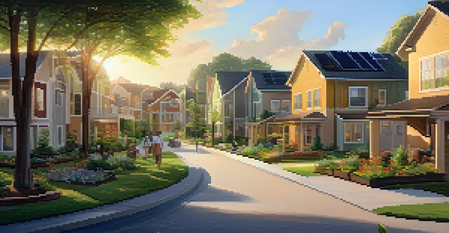 A peaceful neighborhood with eco-friendly houses and community gardens, bathed in golden hour light.
