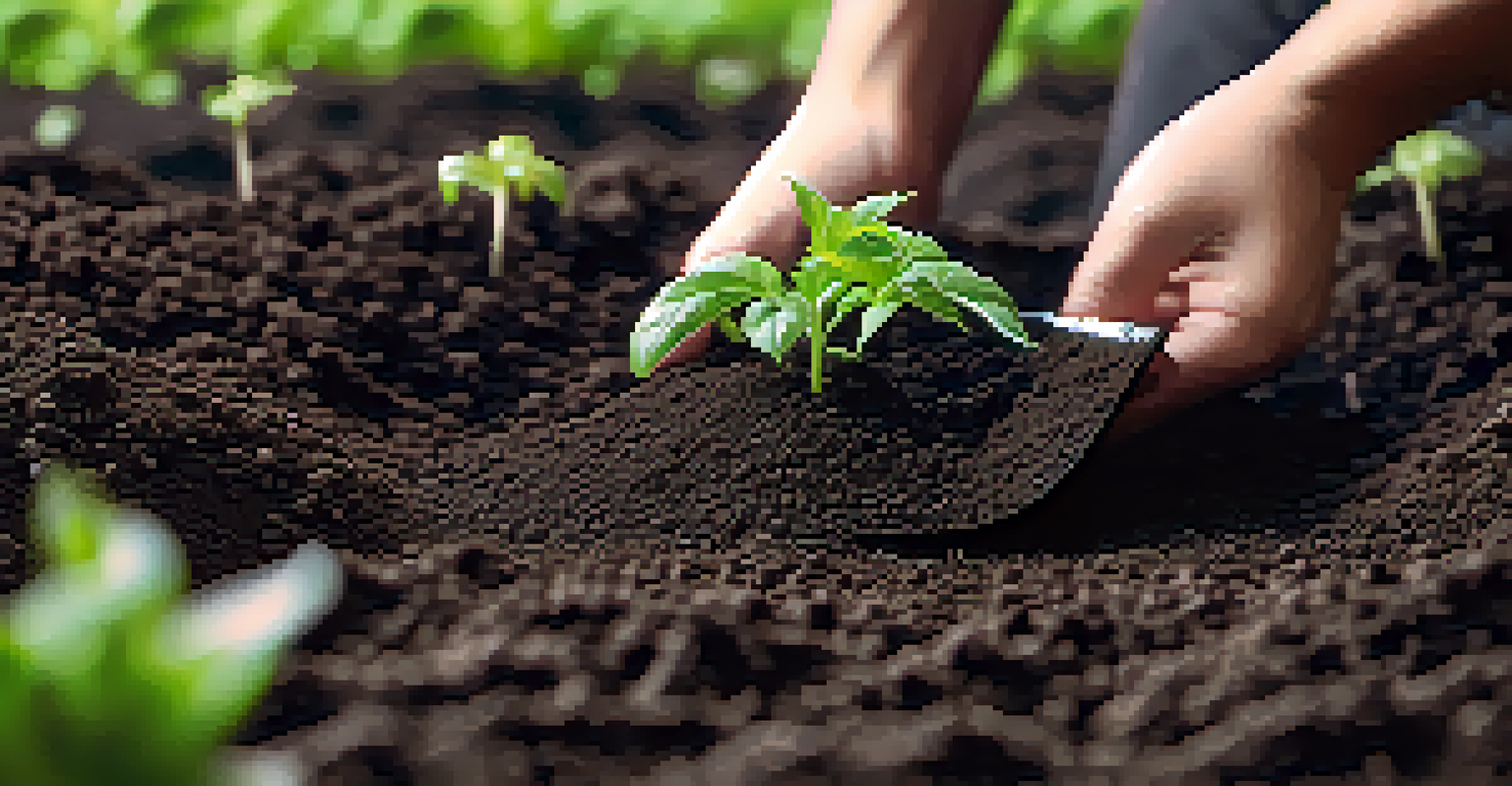 Close-up of dark, fertile soil being mixed with compost, with seedlings in the background.