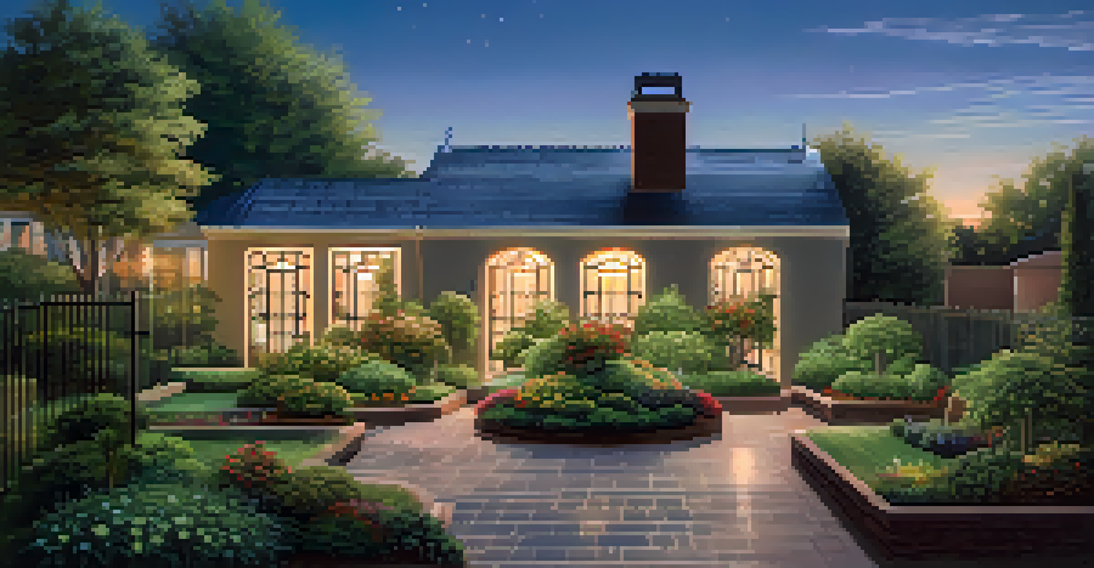 An outdoor garden with clear pathways, motion-sensor lights, and secure fencing, promoting safety and beauty.