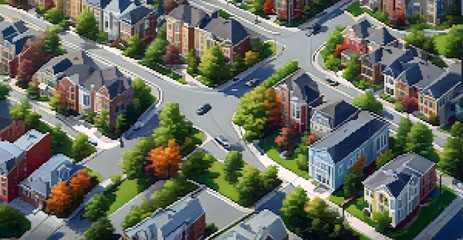 An aerial view of a lively urban neighborhood with a mix of buildings and green spaces.