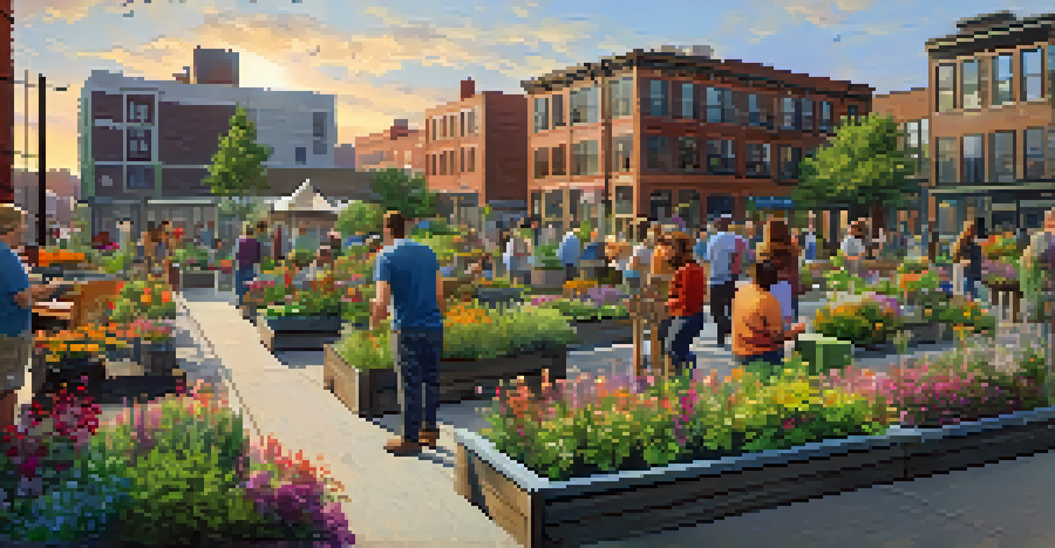 A vibrant community rooftop garden with diverse individuals working together, surrounded by colorful plants and a welcoming atmosphere.