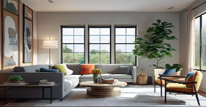 A cozy living room with a gray sofa, colorful pillows, and a wooden coffee table, illuminated by natural light from a large window.