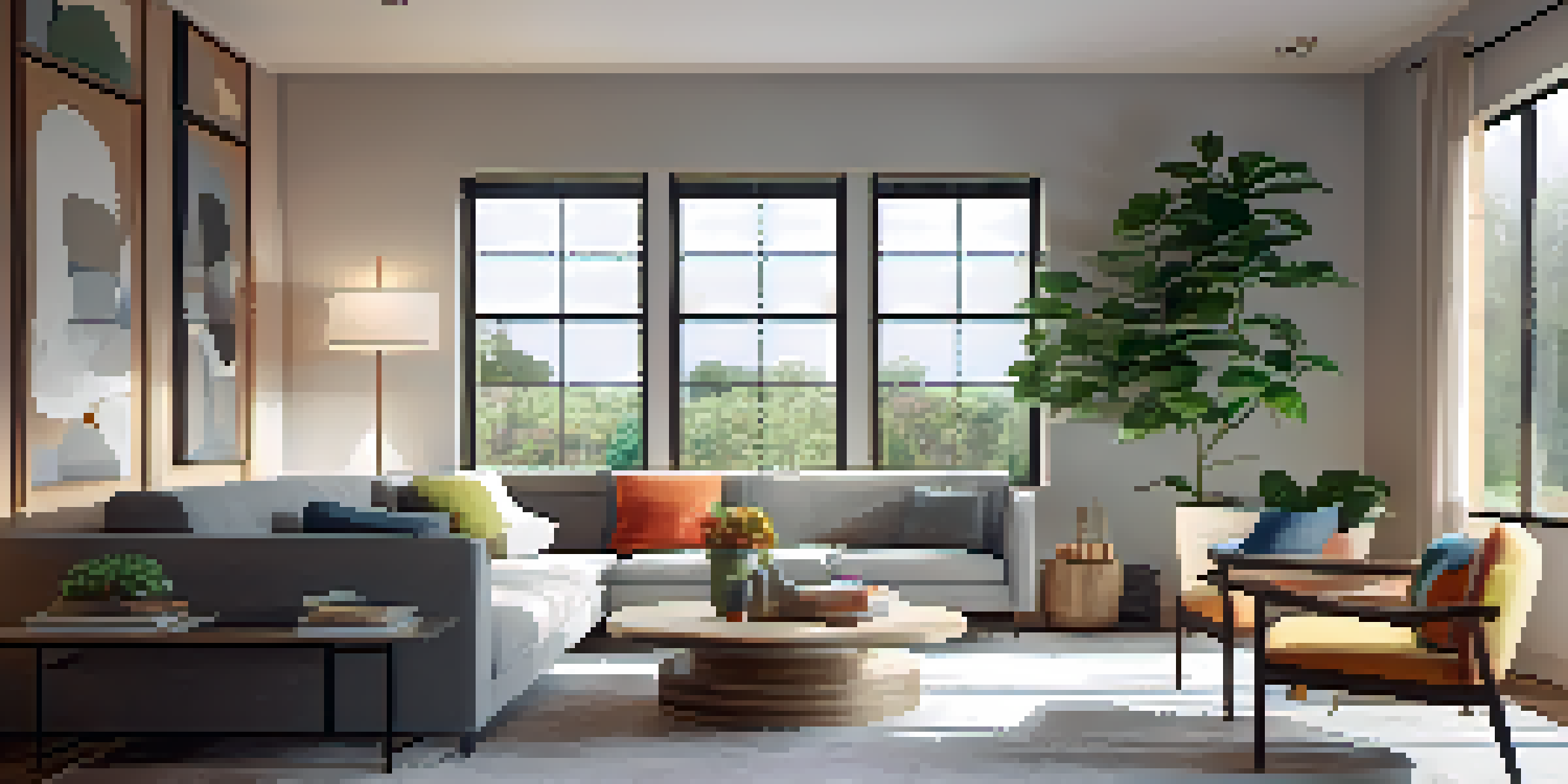 A cozy living room with a gray sofa, colorful pillows, and a wooden coffee table, illuminated by natural light from a large window.