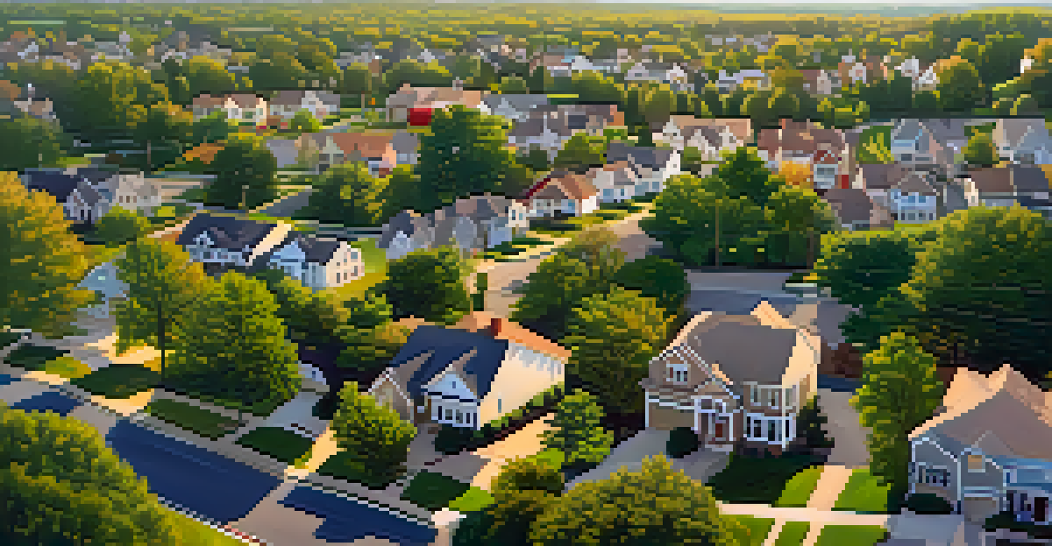 Aerial view of a suburban neighborhood with homes, parks, and office buildings, showcasing community and growth.