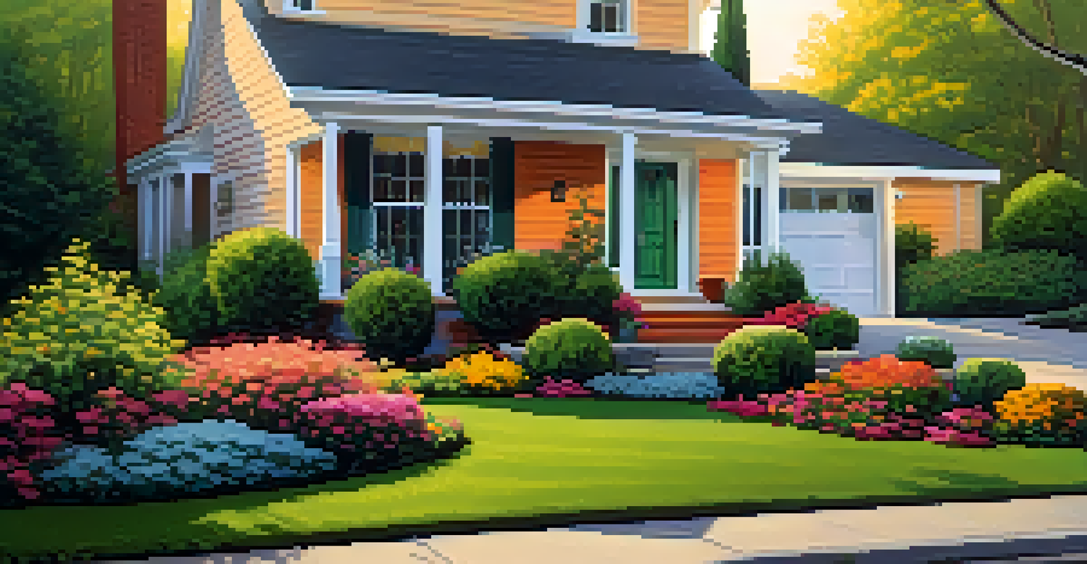 A beautifully maintained front yard with a welcoming door and colorful plants, illuminated by evening light.