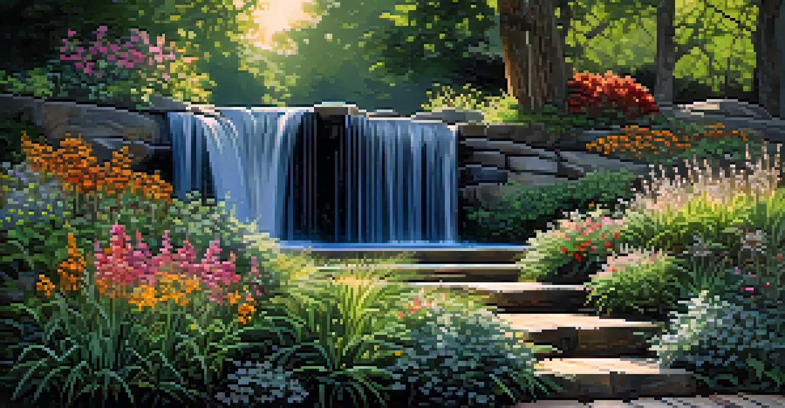 A multi-tiered waterfall surrounded by lush plants, sparkling in sunlight and softly illuminated at night.