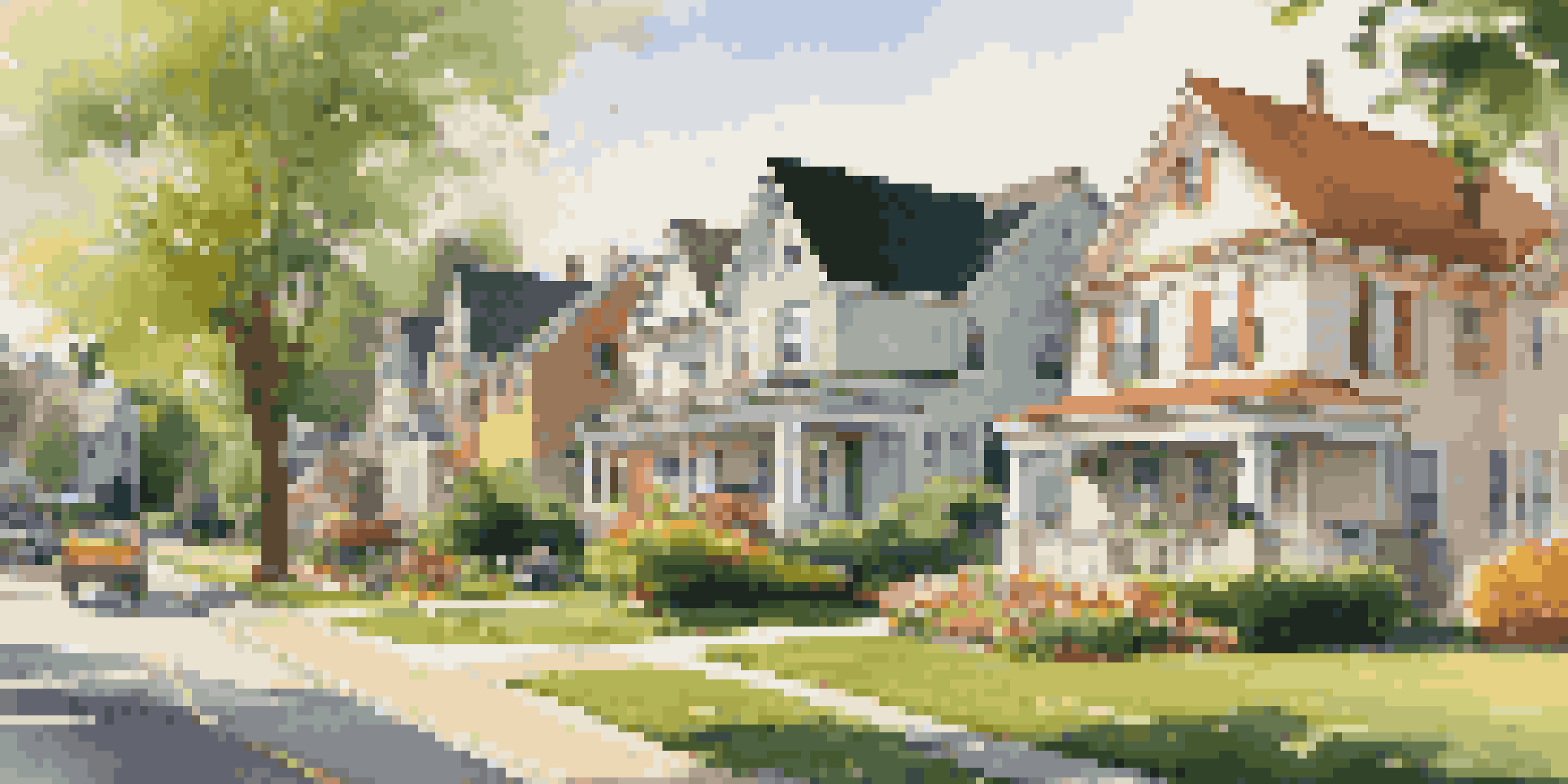 A sunny suburban neighborhood with colorful homes and well-kept gardens, showcasing a sense of community.