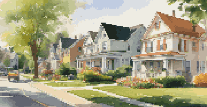 A sunny suburban neighborhood with colorful homes and well-kept gardens, showcasing a sense of community.