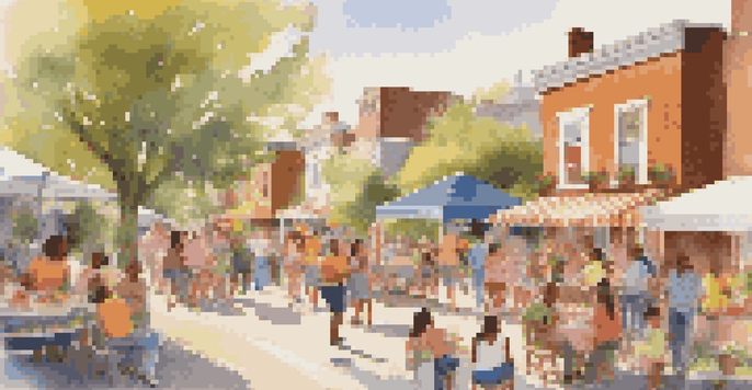 A lively block party with families enjoying food and games, creating a sense of community.