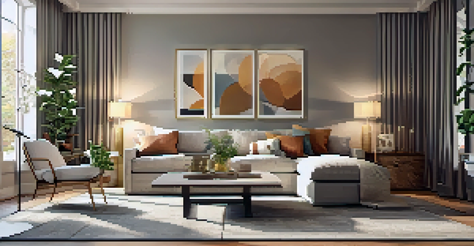 Stylish living room with a cozy atmosphere, featuring a sofa, decorative pillows, and ambient lighting.
