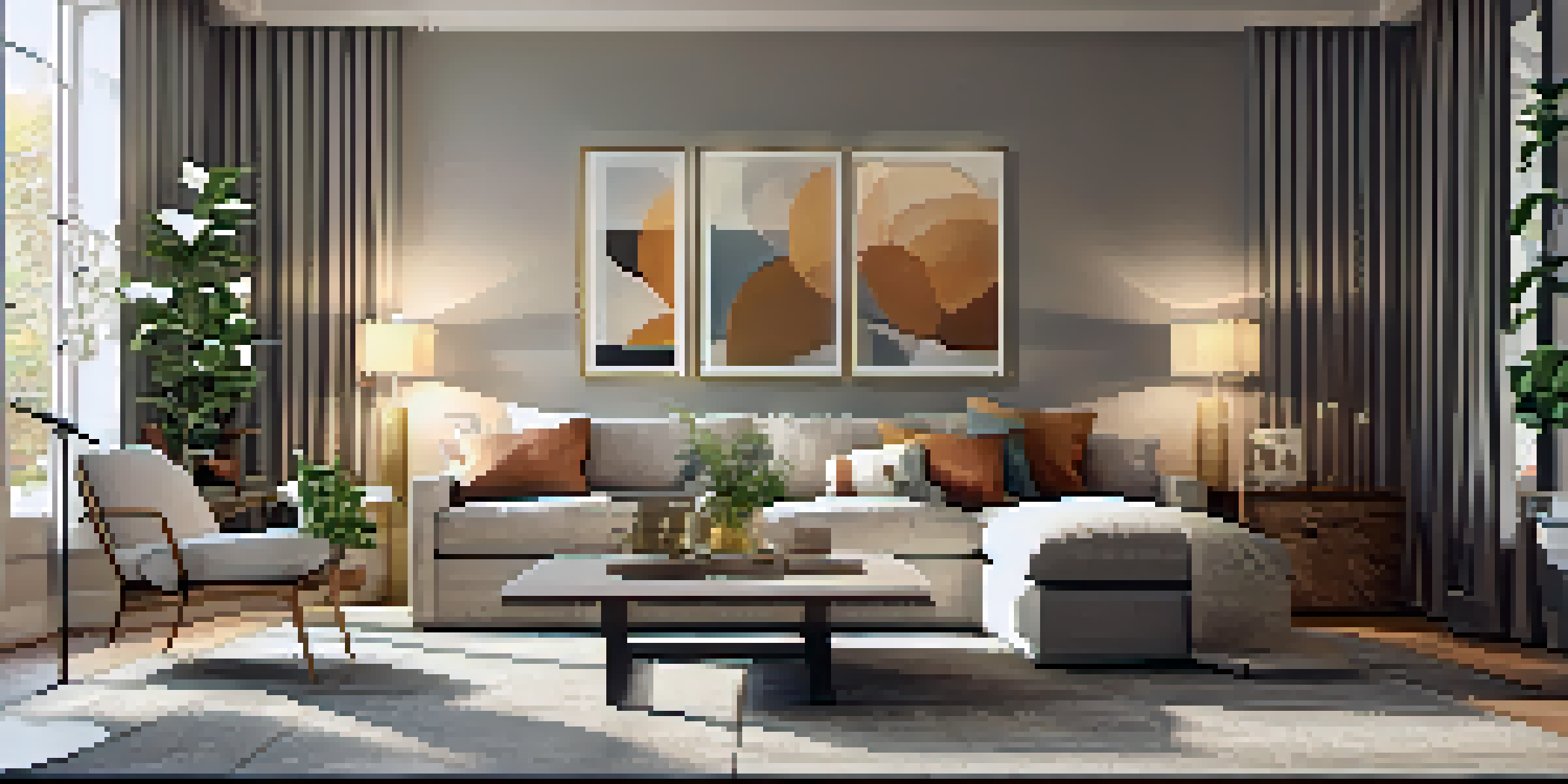 Stylish living room with a cozy atmosphere, featuring a sofa, decorative pillows, and ambient lighting.