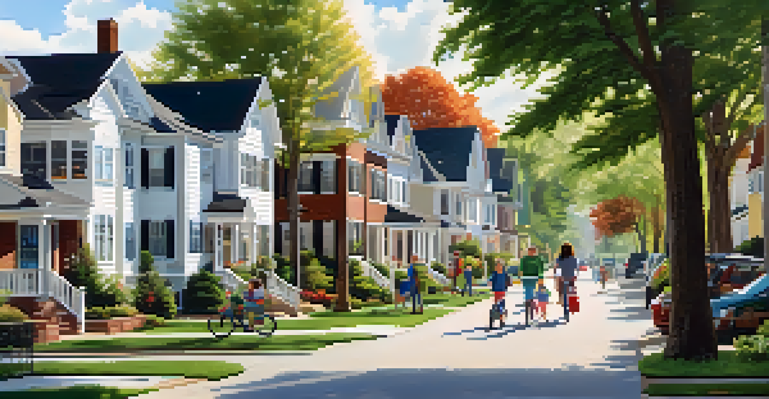 A sunny suburban neighborhood featuring families walking and children riding bicycles near local amenities.