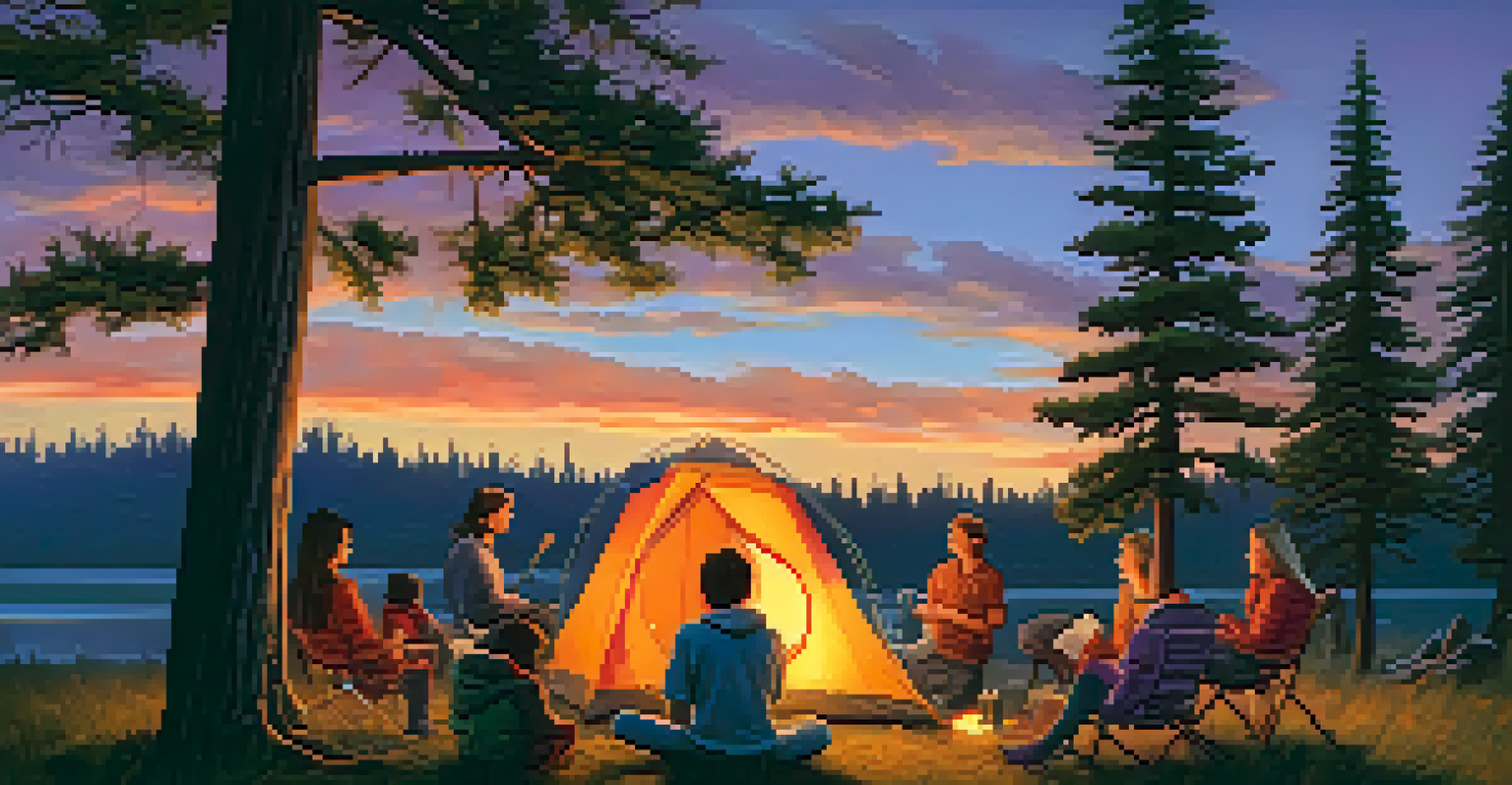 A family around a campfire at dusk, roasting marshmallows and sharing stories with a tent nearby.