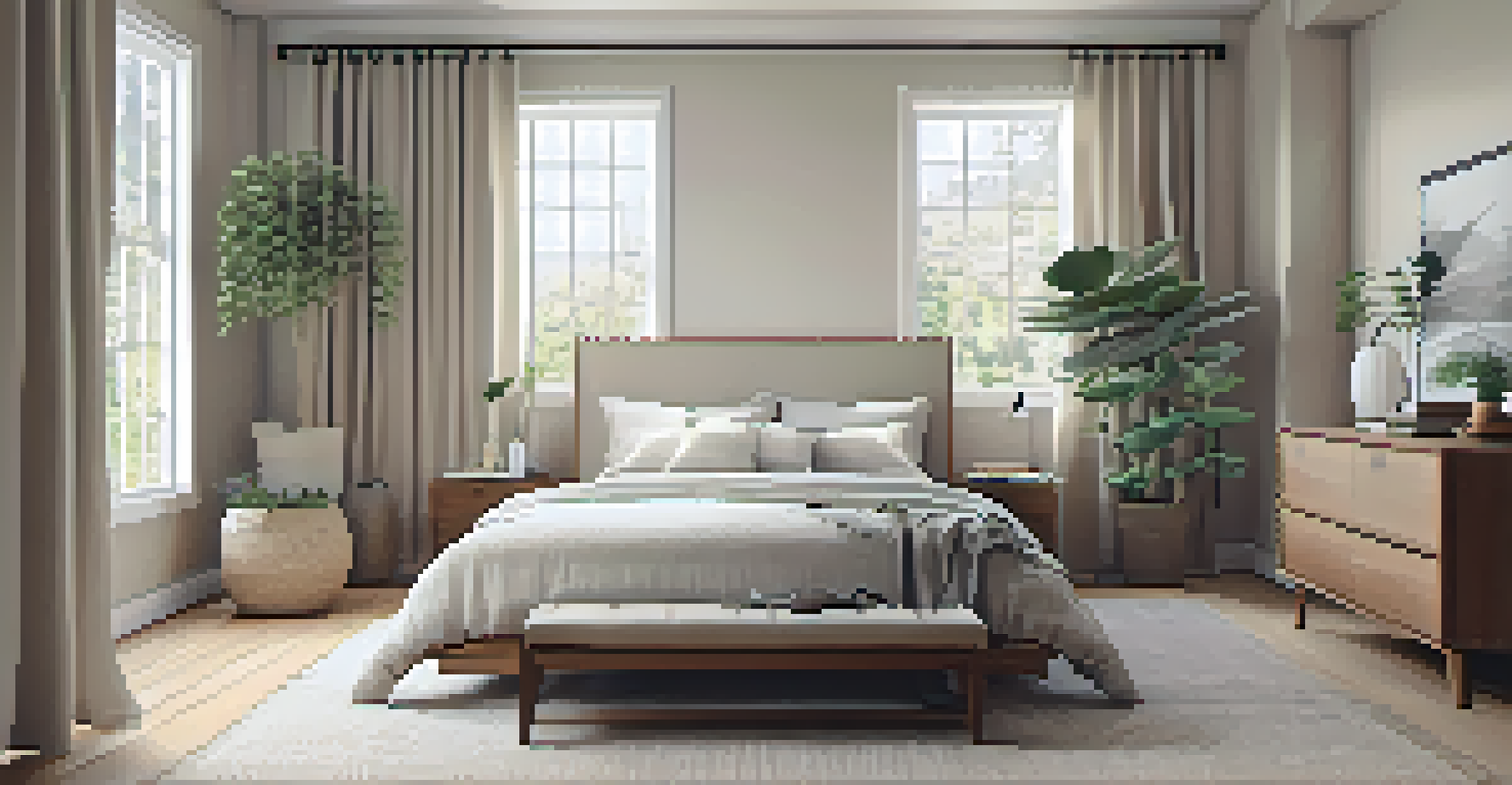 A cozy minimalist bedroom with beige walls, gray bedding, and natural light filtering through sheer curtains.