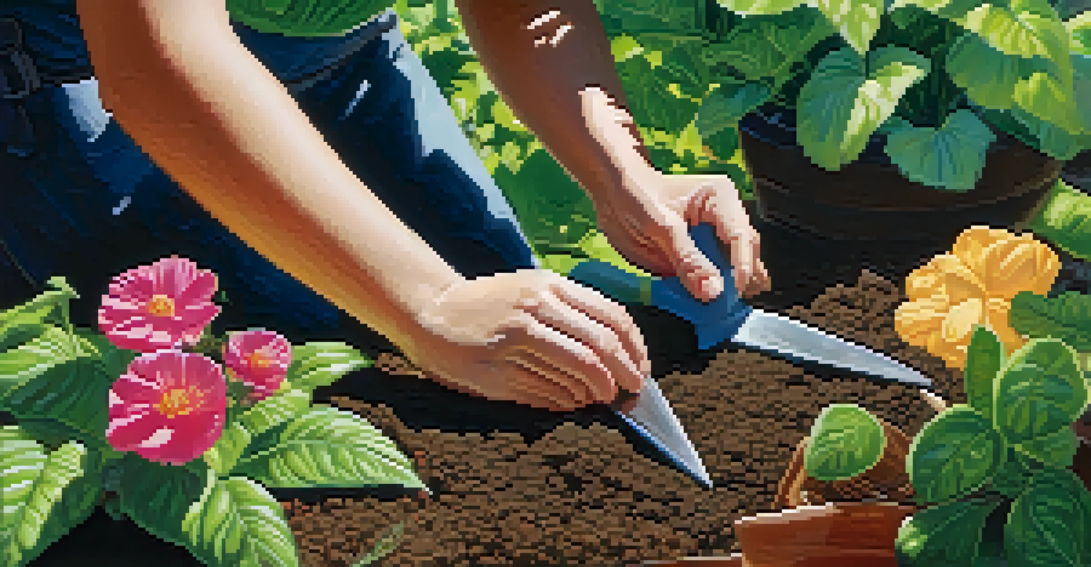 Close-up of hands using gardening tools in a lush green garden, planting flowers with sunlight filtering through the leaves.