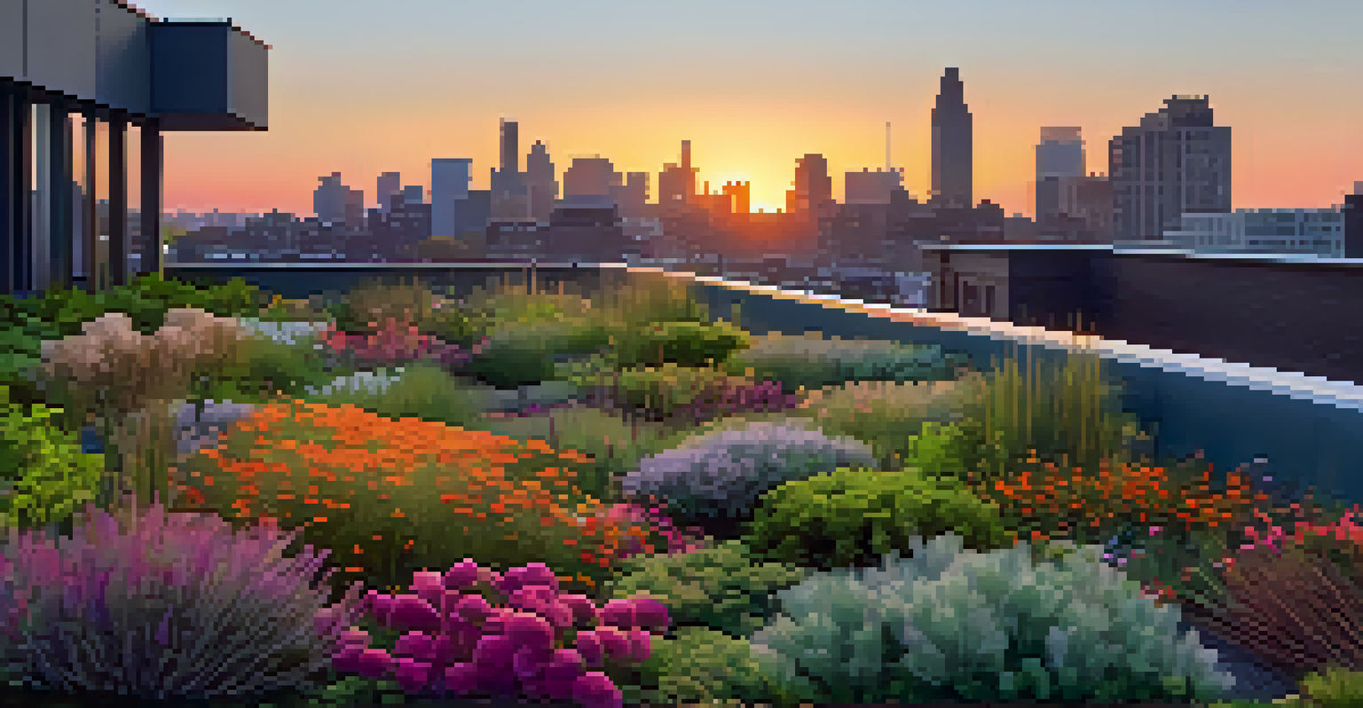 A green roof with diverse vegetation against a city skyline during sunset, showcasing a blend of nature and urban architecture.