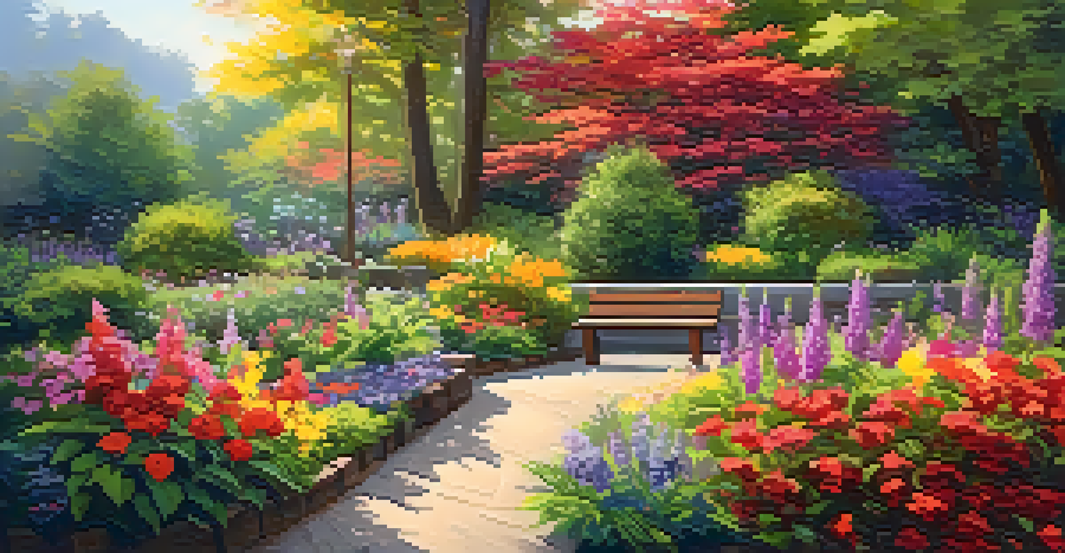 A tranquil garden with colorful flowers, a wooden bench, and sunlight filtering through trees, creating a serene ambiance.