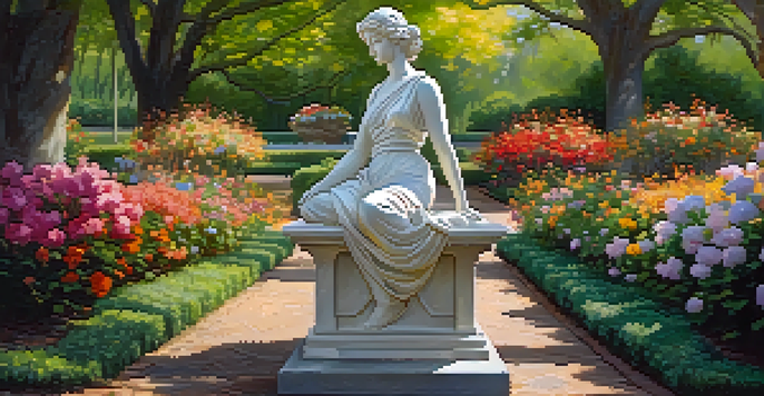 A white marble statue of a graceful woman in a colorful flower garden with dappled sunlight filtering through the trees.