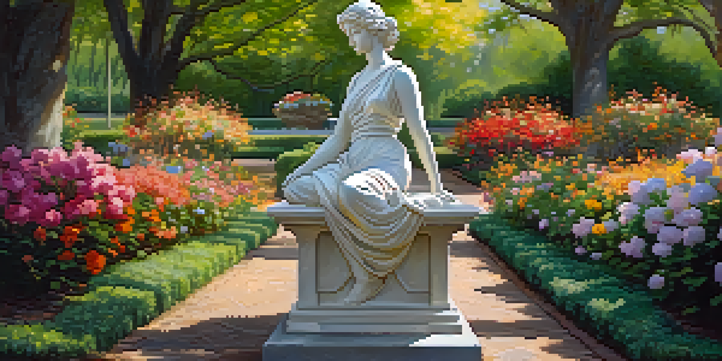 A white marble statue of a graceful woman in a colorful flower garden with dappled sunlight filtering through the trees.