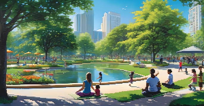 A lively urban park with people exercising, children playing, and a pond surrounded by greenery.