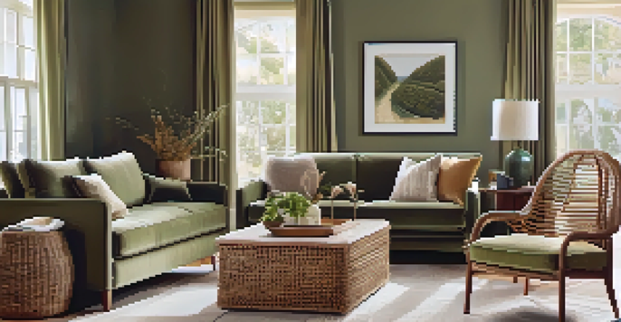 A comfortable living room with green walls, a velvet sofa, and a rattan chair, showcasing a warm and inviting atmosphere.