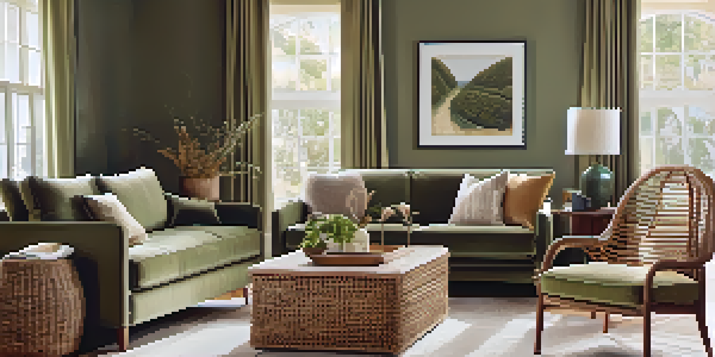 A comfortable living room with green walls, a velvet sofa, and a rattan chair, showcasing a warm and inviting atmosphere.