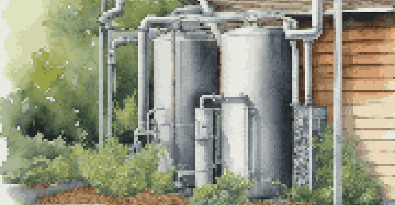 A close-up of a rainwater filtration system with various components, surrounded by greenery and illuminated by soft natural light.