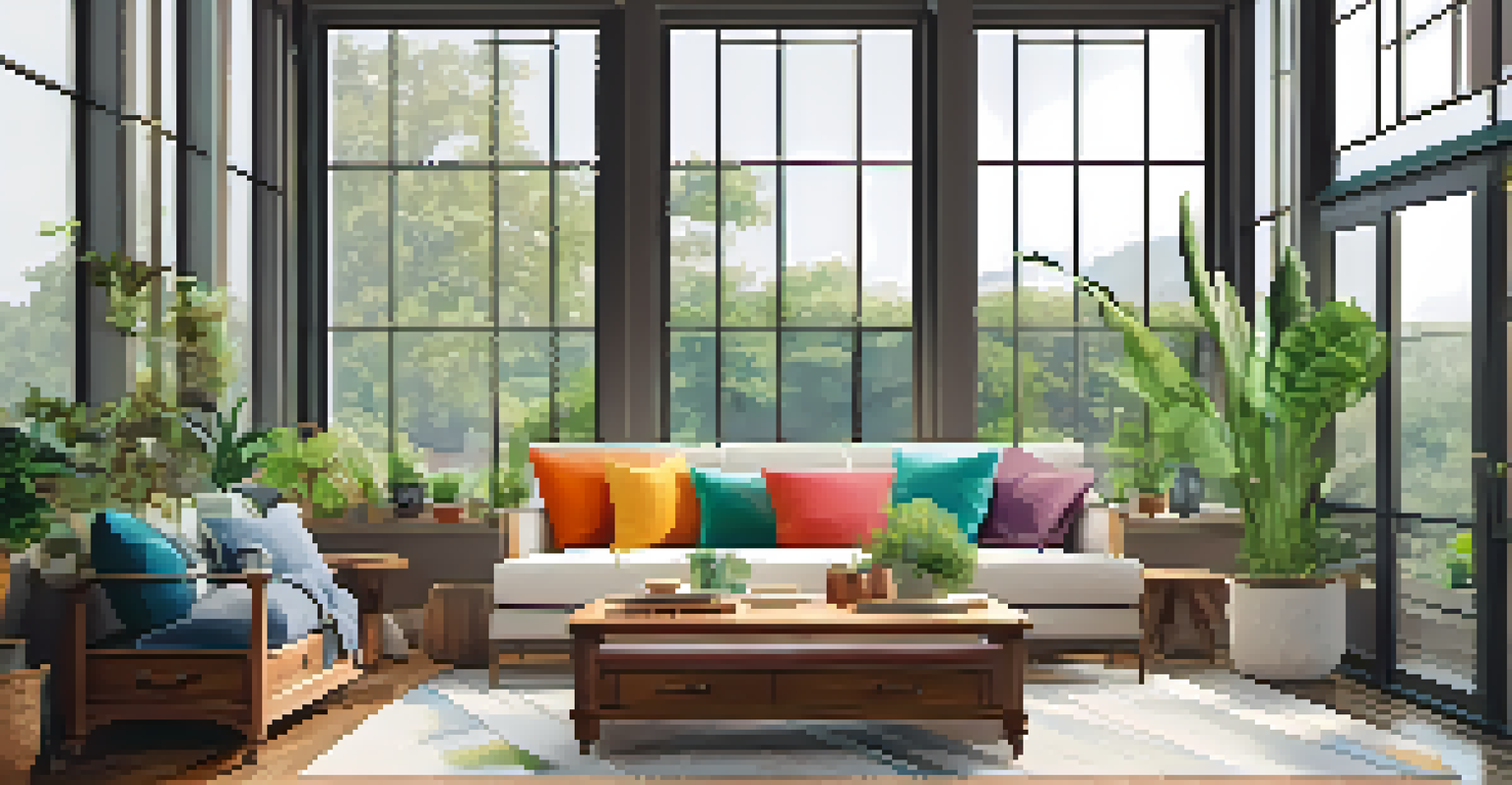 A cozy living room with a couch, colorful cushions, a coffee table, large windows, and indoor plants, creating a warm and inviting atmosphere.