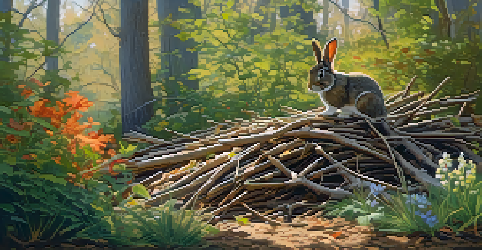 A brush pile in a garden with small mammals peeking out, surrounded by blooming wildflowers and dappled sunlight.