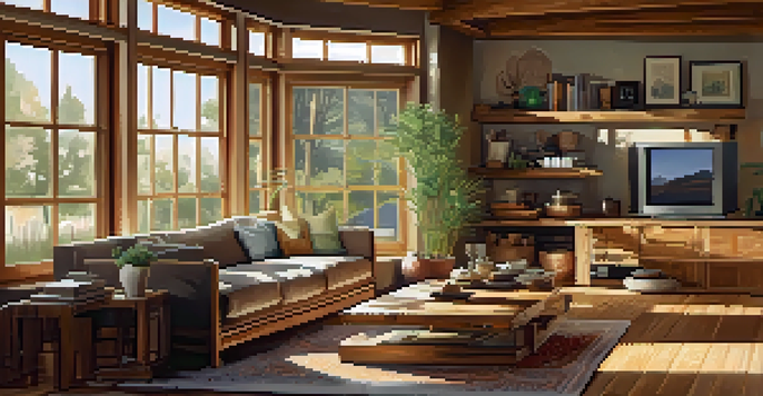 A cozy living room with reclaimed wood furniture and bamboo flooring, illuminated by sunlight through energy-efficient windows.