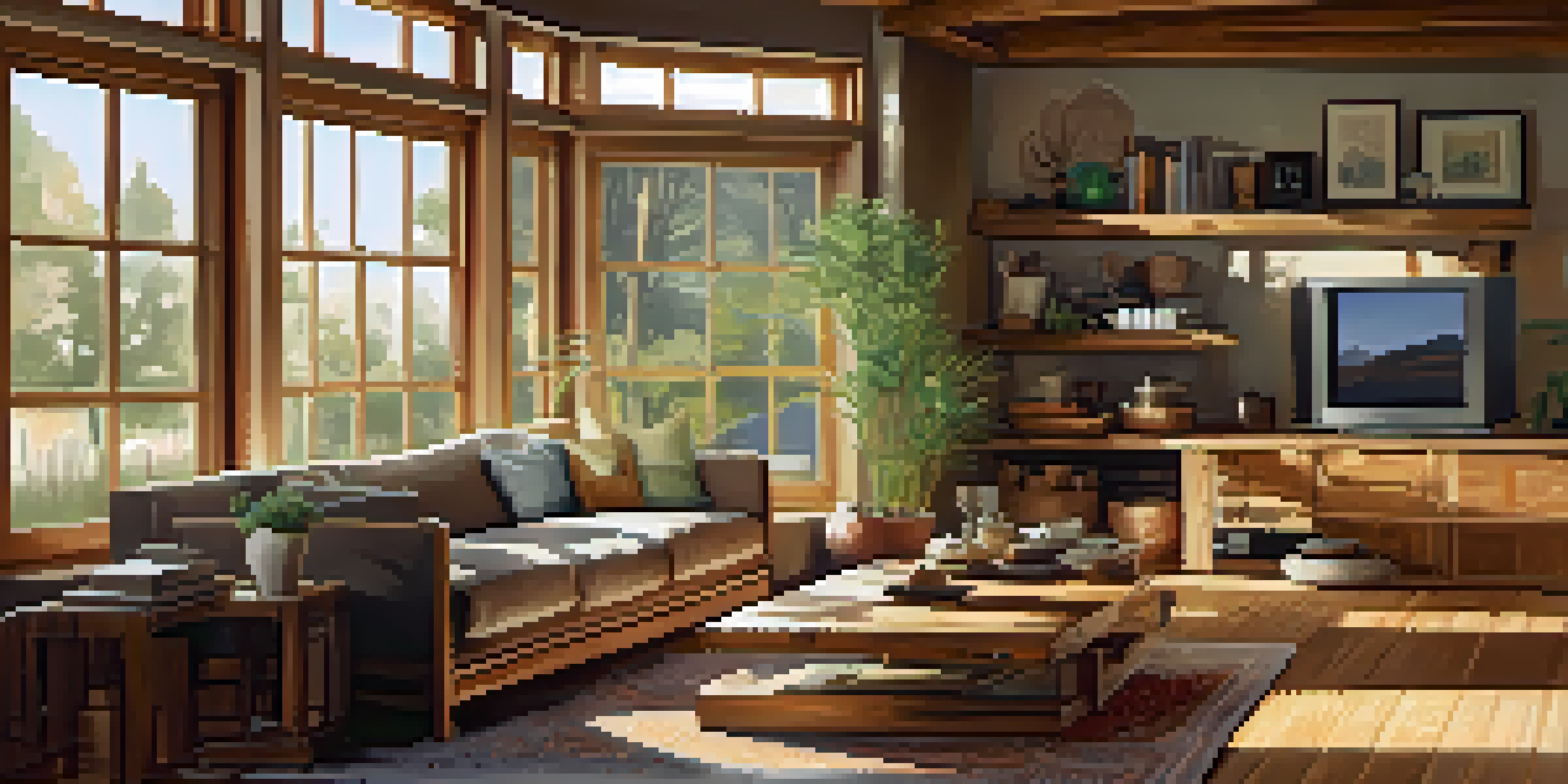 A cozy living room with reclaimed wood furniture and bamboo flooring, illuminated by sunlight through energy-efficient windows.