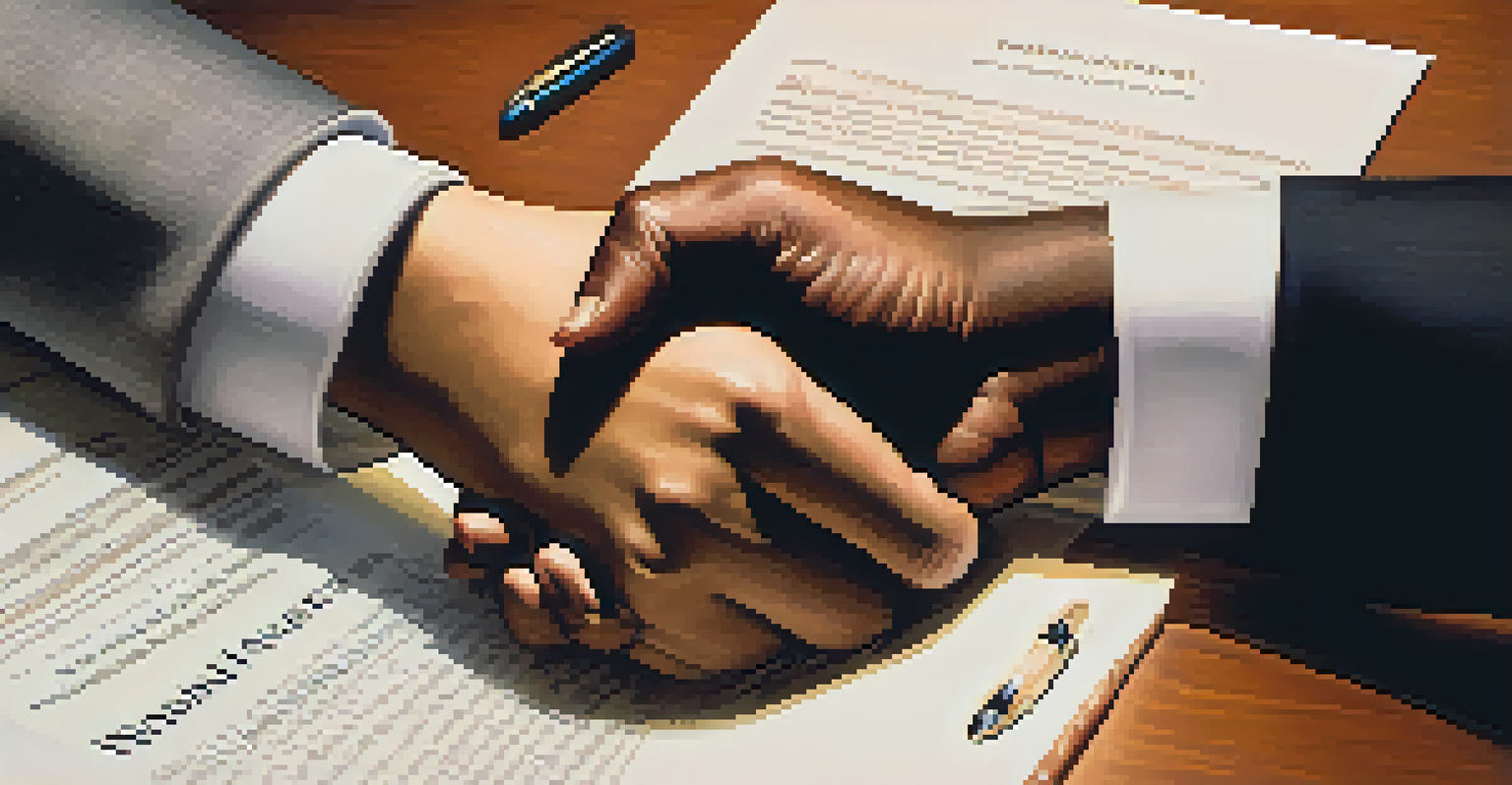 A close-up of two hands shaking above a printed contract on a table, with a pen beside it and warm lighting in the background.
