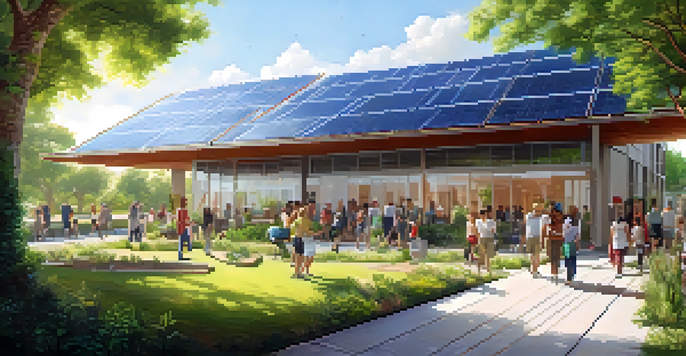 A contemporary building with solar panels on the roof, surrounded by greenery and a clear sky, with people in the park.