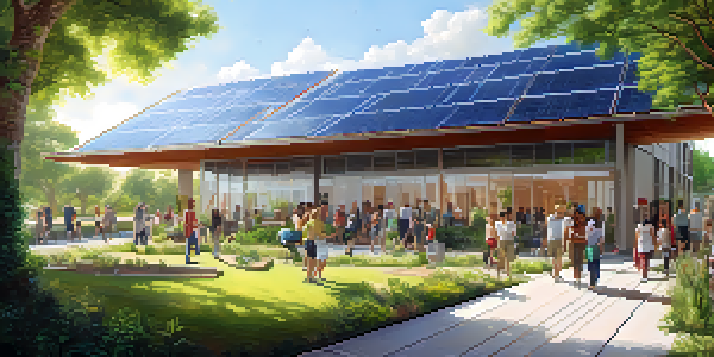 A contemporary building with solar panels on the roof, surrounded by greenery and a clear sky, with people in the park.