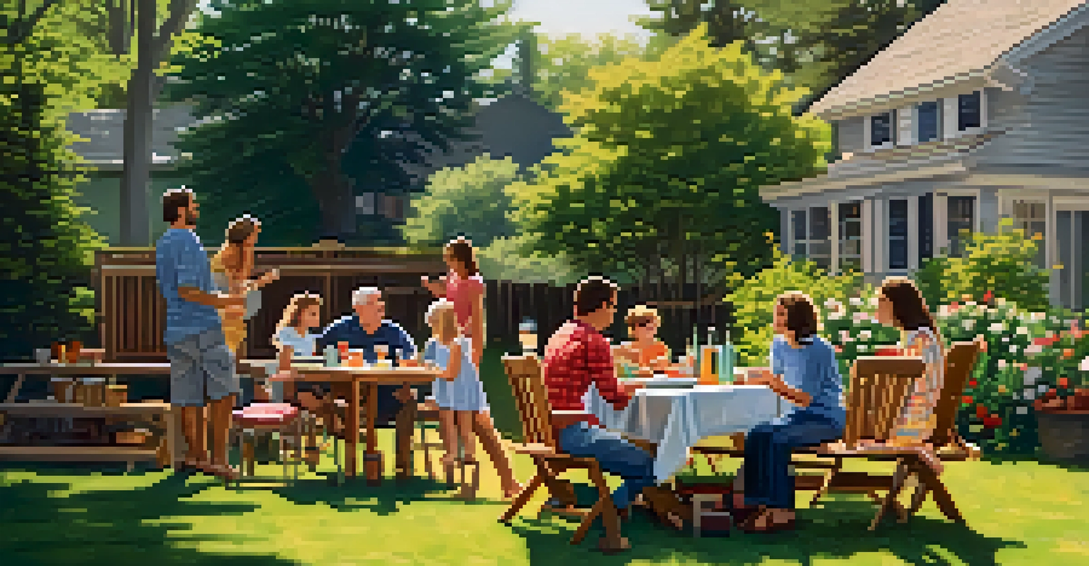 A cheerful family enjoying a barbecue in a sunny backyard, surrounded by greenery and outdoor seating.