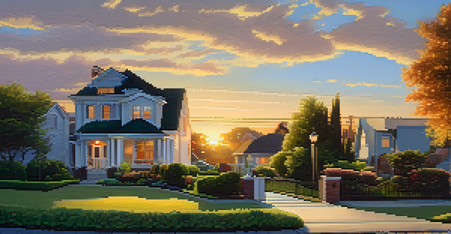 A modest house with a vibrant garden in a slightly worn neighborhood, bathed in warm sunset light.