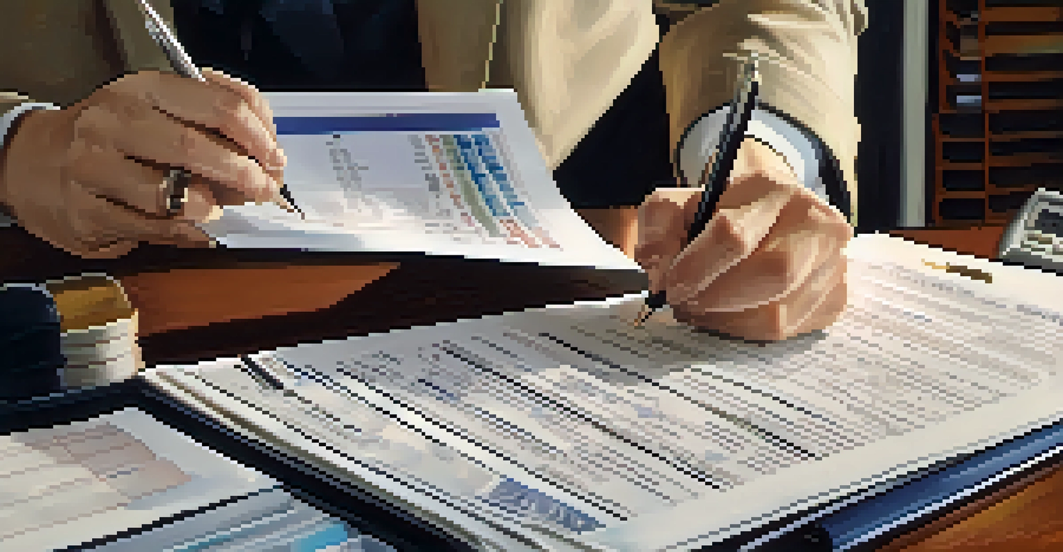 A close-up view of a person examining a loan document with a pen, surrounded by paperwork and a calculator, highlighting the importance of careful review.